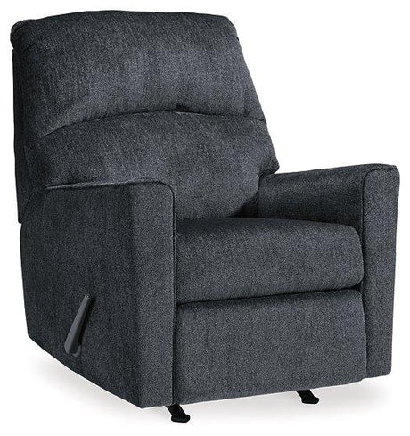 Ashley Furniture Altari recliner in beige fabric with plush cushioning and wooden legs, designed for comfortable relaxation.