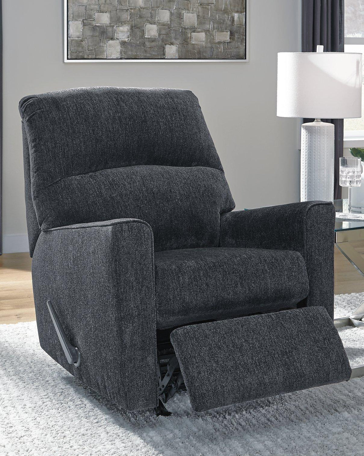 Ashley Furniture Altari recliner in beige fabric with plush cushioning and wooden legs, showcasing a comfortable living room seating option.