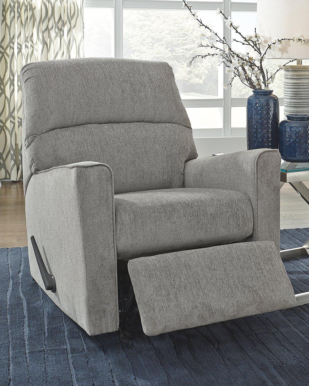 Ashley Furniture Altari recliner in beige fabric with cushioned armrests and plush seating for comfortable relaxation.