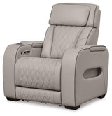 Boyington Power Recliner from Ashley Furniture showing plush fabric, padded armrests, and reclining mechanism in a cozy living room setting.