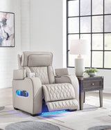 Boyington Power Recliner by Ashley Furniture, showing a comfortable, plush recliner with a modern design and padded armrests.