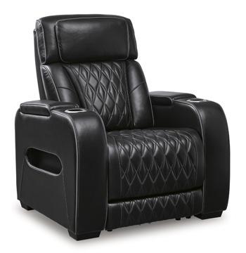 Boyington Power Recliner by Ashley Furniture, showing plush fabric upholstery and adjustable reclining mechanism in a living room setting.