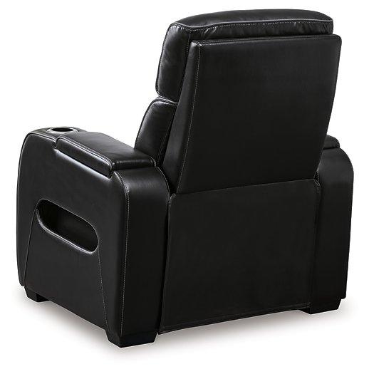 Boyington Power Recliner by Ashley Furniture, showing a plush, dark brown recliner with modern design and cushioned armrests.