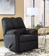 Ashley Furniture Darcy Recliner in neutral fabric, showing plush cushioning and sturdy wooden legs.