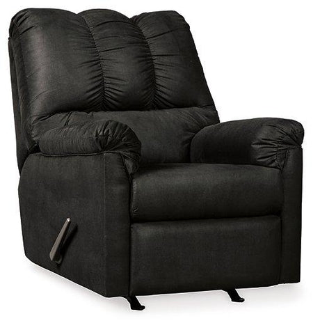 Ashley Furniture Darcy Recliner in neutral fabric, showcasing a plush, cushioned design with wide armrests and a comfortable back.