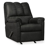Ashley Furniture Darcy Recliner in neutral fabric, showing plush cushioning and wide armrests for comfortable lounging.