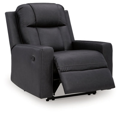 Ashley Furniture Mackmenville recliner in open position, featuring plush upholstery and sturdy wooden legs.
