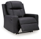 Ashley Furniture Mackmenville recliner in open position, featuring plush upholstery and sturdy wooden legs.