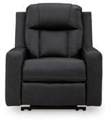 Ashley Furniture Mackmenville recliner in dark leather with plush cushioning and a high back, shown from a front head-on view.