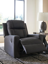 Open Ashley Furniture Mackmenville recliner showing plush fabric upholstery and reclining mechanism.