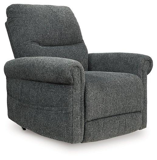 Ashley Furniture Aureta Power Lift Recliner in beige fabric with padded armrests and plush cushioning.