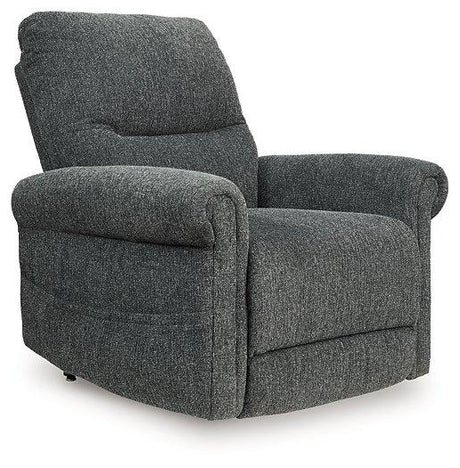 Ashley Furniture Aureta Power Lift Recliner in beige fabric with padded armrests and plush cushioning.