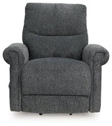 Ashley Furniture Aureta Power Lift Recliner in neutral fabric, showcasing its plush cushioning and sturdy wooden base.