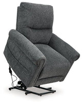 Ashley Furniture Aureta Power Lift Recliner in neutral fabric, featuring plush cushioning and a sturdy wooden base.