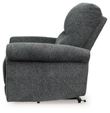 Ashley Furniture Aureta Power Lift Recliner in plush fabric, showing the reclined position with armrests and footrest extended.