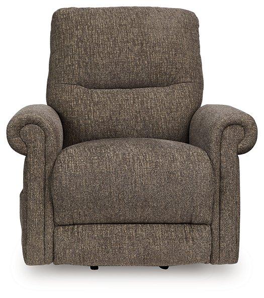 Ashley Furniture Aureta Power Lift Recliner in beige fabric with plush cushioning and padded armrests.