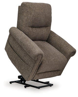 Ashley Furniture Aureta Power Lift Recliner in beige fabric, showing plush cushioning and adjustable reclining features.