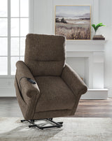 Ashley Furniture Aureta Power Lift Recliner in beige fabric with plush cushioning and a supportive backrest.