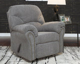 Ashley Furniture Allmaxx Recliner in beige fabric with padded armrests and a plush backrest, showcasing a comfortable living room chair.