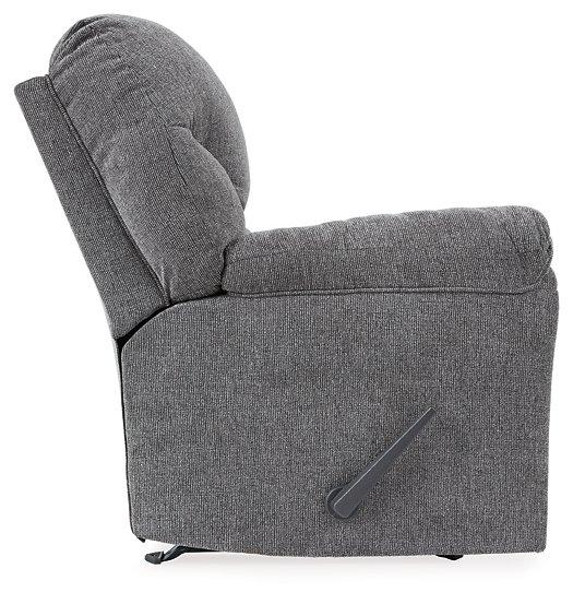 Ashley Furniture Allmaxx recliner in beige fabric showing plush cushioning and reclining mechanism, perfect for living room comfort.