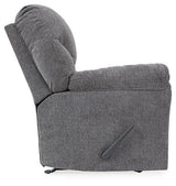 Ashley Furniture Allmaxx recliner in beige fabric showing plush cushioning and reclining mechanism, perfect for living room comfort.