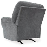 Ashley Furniture Allmaxx recliner in neutral fabric, featuring plush cushioning and a sturdy wooden base for comfortable seating.
