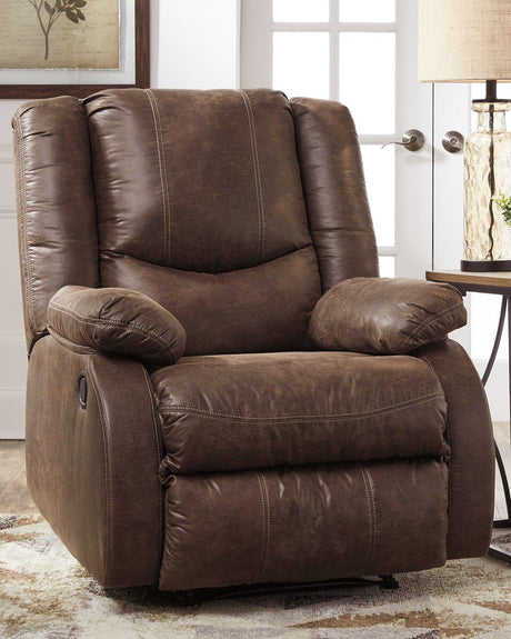 Ashley Furniture Bladewood recliner with plush cushioning and wooden legs, shown in a comfortable, stylish living room setting.