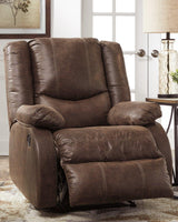 Ashley Furniture Bladewood recliner with plush fabric and padded armrests, shown in a cozy living room setting.