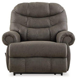 Ashley Furniture Camera Time recliner in beige fabric, showing plush cushioned armrests and a comfortable reclining position.