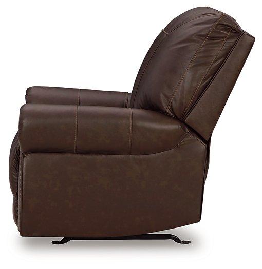 Ashley Furniture Colleton recliner with plush fabric and padded armrests, shown in a cozy living room setting.