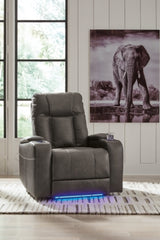 Ashley Furniture Feazada Power Recliner in dark fabric, showing plush cushioning and modern design for comfortable relaxation.