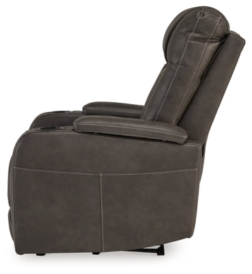 Ashley Furniture Feazada Power Recliner showing plush fabric, padded armrests, and reclining mechanism in a modern living room setting.