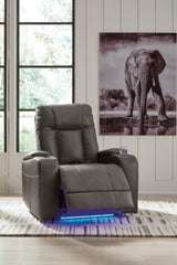 Open Ashley Furniture Feazada power recliner showcasing plush upholstery, padded armrests, and reclining mechanism.