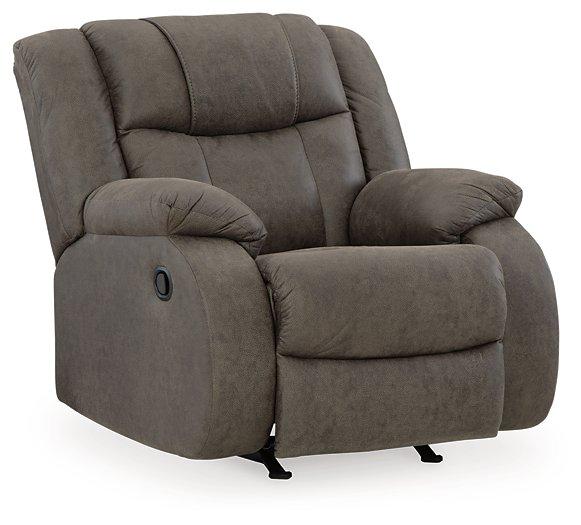 Comfortable Ashley Furniture First Base Recliner with plush cushioning and dark brown upholstery, perfect for living rooms.