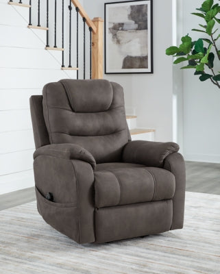 Ashley Furniture Snowfield Power Lift Recliner in closed position, padded armrests and plush upholstery, ideal for comfort and support.