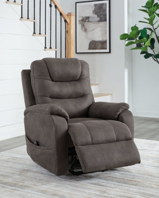 Ashley Furniture Snowfield Power Lift Recliner in open position, featuring plush fabric and ergonomic design for comfort and support.