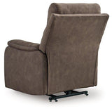 Ashley Furniture Crestmeade power lift recliner with plush cushioning and wood base, shown in a cozy living room setting.