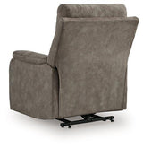 Ashley Furniture Crestmeade power lift recliner in plush beige fabric with padded armrests and adjustable reclining feature