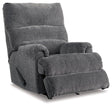 Ashley Furniture Man Fort Recliner showing a comfortable padded recliner chair with plush upholstery and armrests.