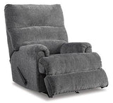 Ashley Furniture Man Fort Recliner showing plush fabric, padded armrests, and ergonomic design for comfortable seating.