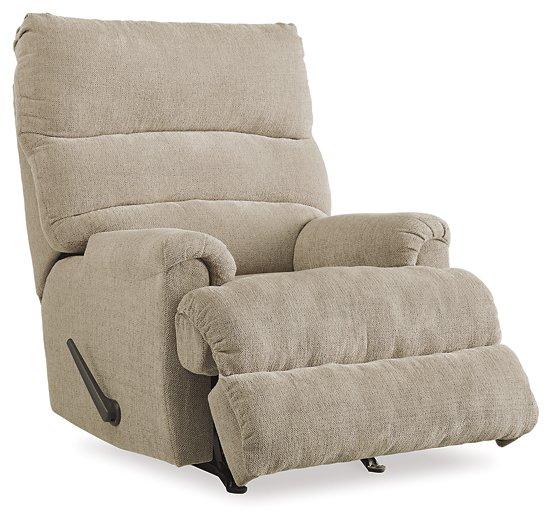 Ashley Furniture Man Fort recliner in a neutral fabric with plush cushioning and a modern design, ready for comfortable seating.