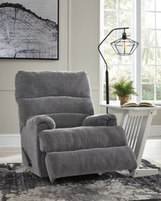 Open Ashley Furniture Man Fort recliner showing plush fabric and padded armrests, designed for comfortable relaxation.