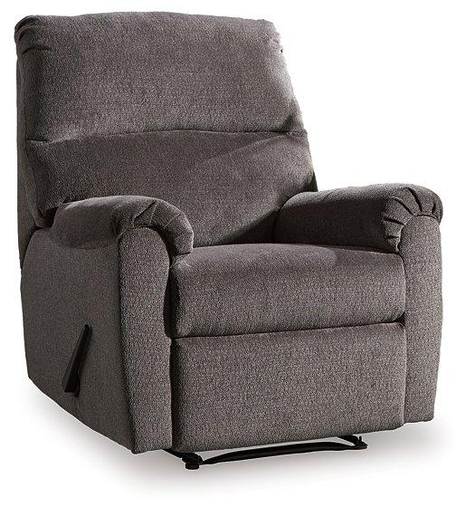 Ashley Furniture Nerviano recliner showing plush upholstery, padded armrests, and a comfortable reclining mechanism.