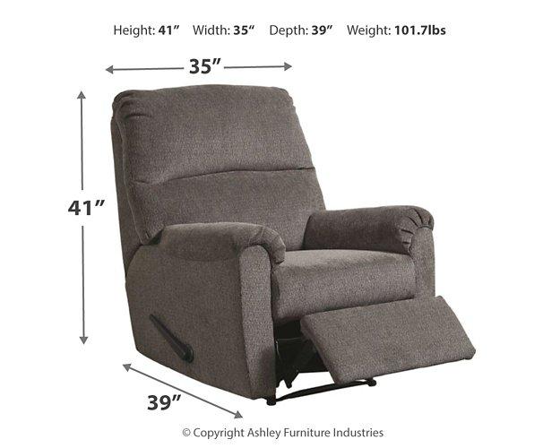 Ashley Furniture Nerviano recliner with plush cushioning and wooden legs, shown in a cozy living room setting.