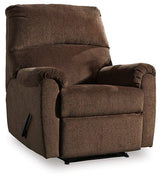 Nerviano recliner by Ashley Furniture with plush fabric upholstery and padded armrests, shown in a modern living room setting.