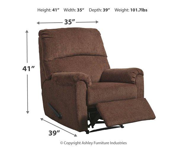 Ashley Furniture Nerviano recliner with plush upholstery and wood accents, shown in a modern living room setting.