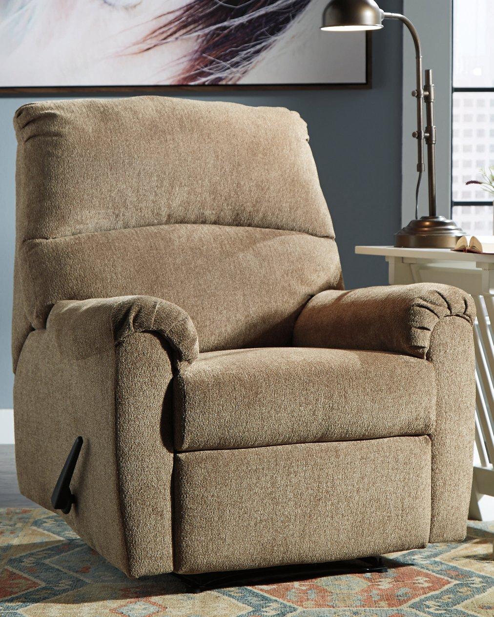 Ashley Nerviano recliner in beige fabric, featuring plush cushioning and a modern design for comfortable seating.