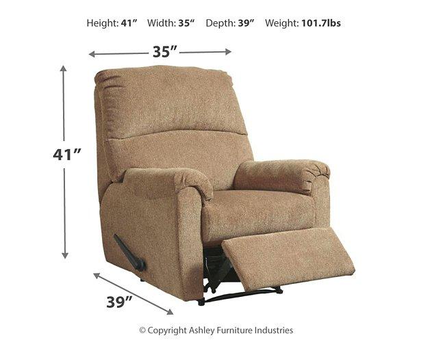 Comfortable Ashley Nerviano recliner chair with plush upholstery and padded armrests, perfect for relaxing.