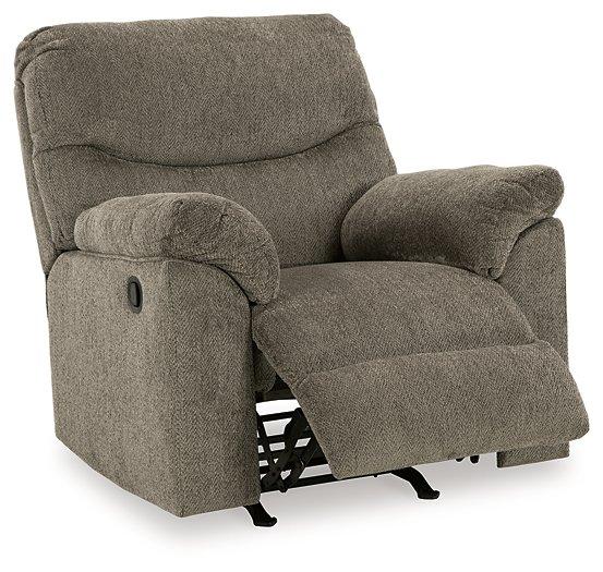 Alphons recliner by Ashley Furniture with plush cushions, dark upholstery, and a modern design for comfortable lounging.