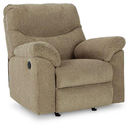 Comfortable Ashley Alphons Recliner with plush upholstery and padded armrests, perfect for relaxing living room seating.
